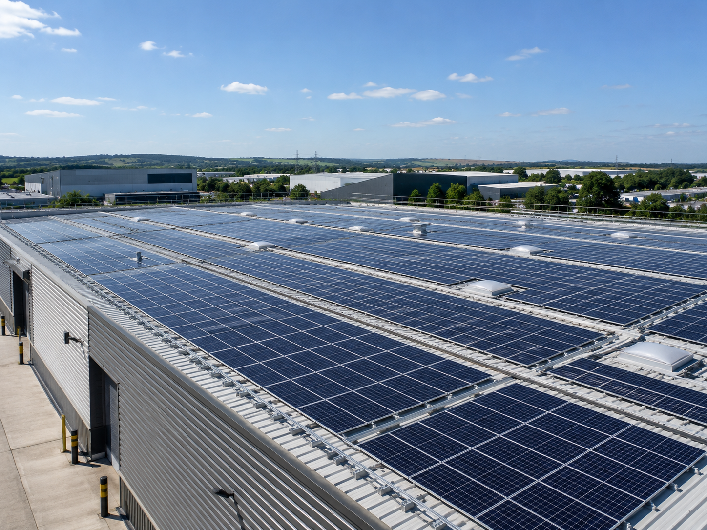 Commercial solar installation on a large warehouse or industrial building rooftop