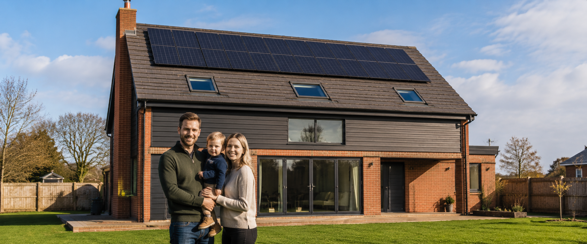 A family outside their UK home with solar panels installed on the roof on a sunny day